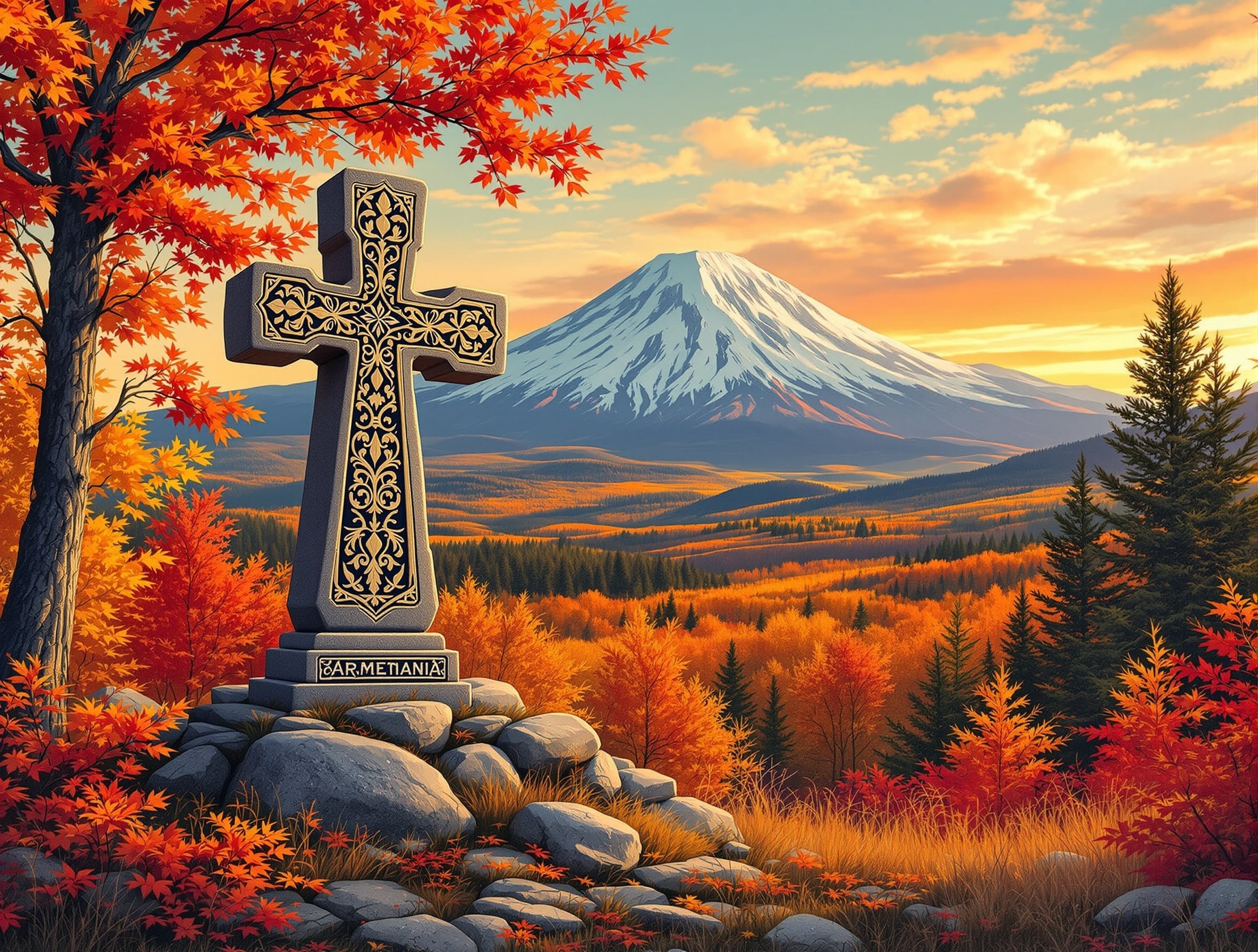 Armenian khachkar with Mount Ararat and New Hampshire autumn foliage